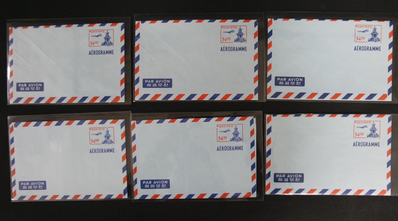 1965년 1월10일 발행 “34원” 청색 항공서간 미사용 6매